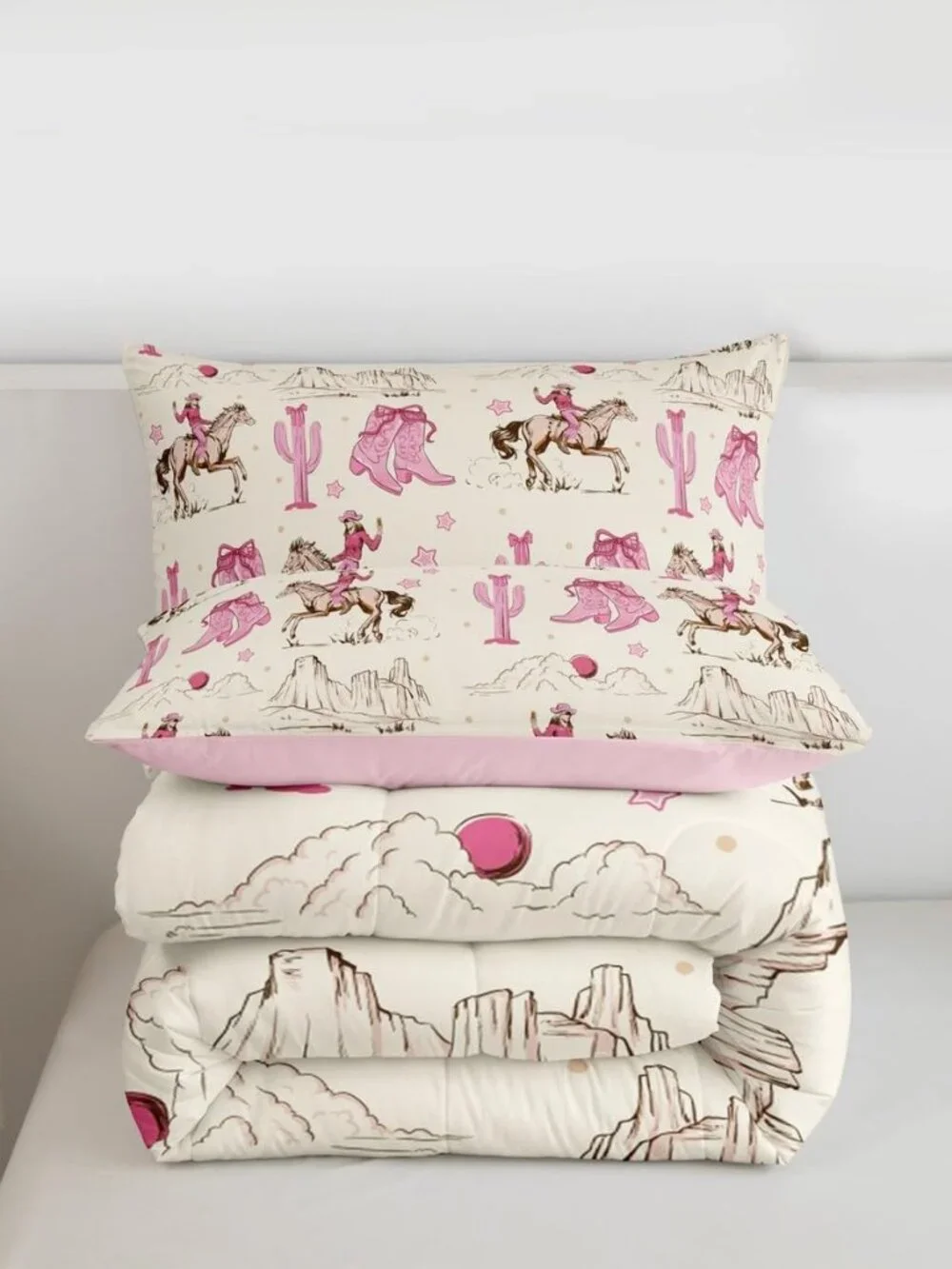 Retro Western Horse Twin Comforter Set for Girls,Pink Cowgirl Boots and Bows Bed